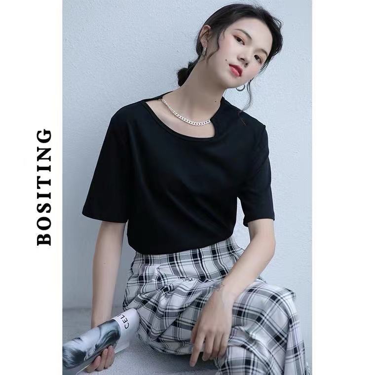 设计感小众别致锁骨心机上衣夏季白色纯棉短袖宽松t恤女