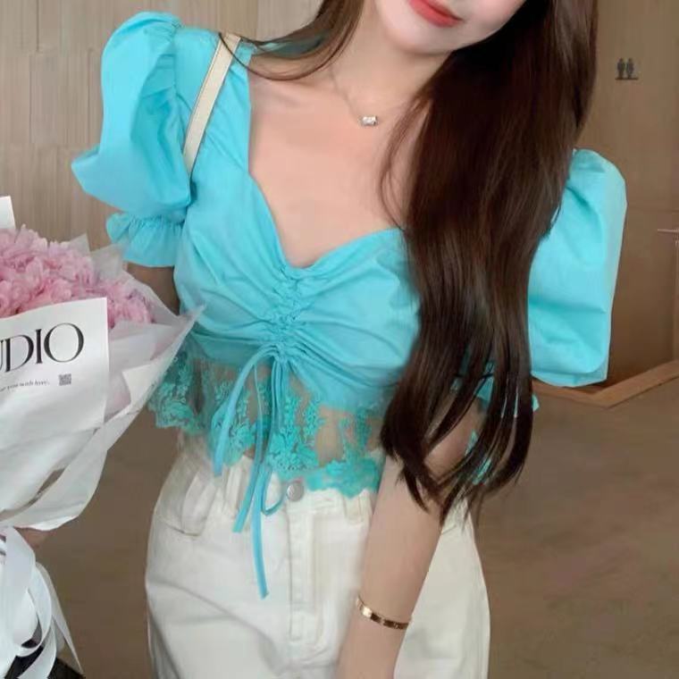 夏季新款法复古式V领花边设计感露锁骨衬衫气质收腰上衣女