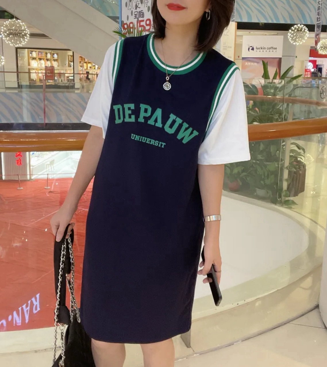 夏季新款设计感小众短袖T恤裙女宽松显瘦拼接中长字母连衣裙