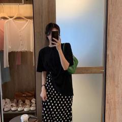 黑色宽松短袖高腰波点开叉半身裙两件套复古套装女