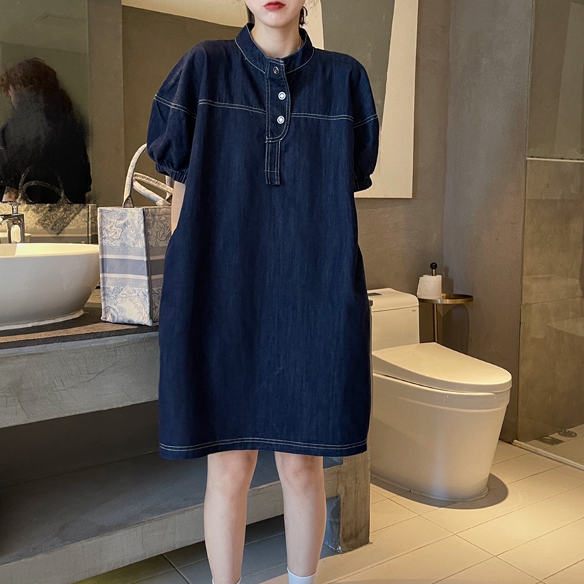 欧洲站圆领宽松显瘦牛仔连衣裙夏新百搭洋气中长款裙子女潮