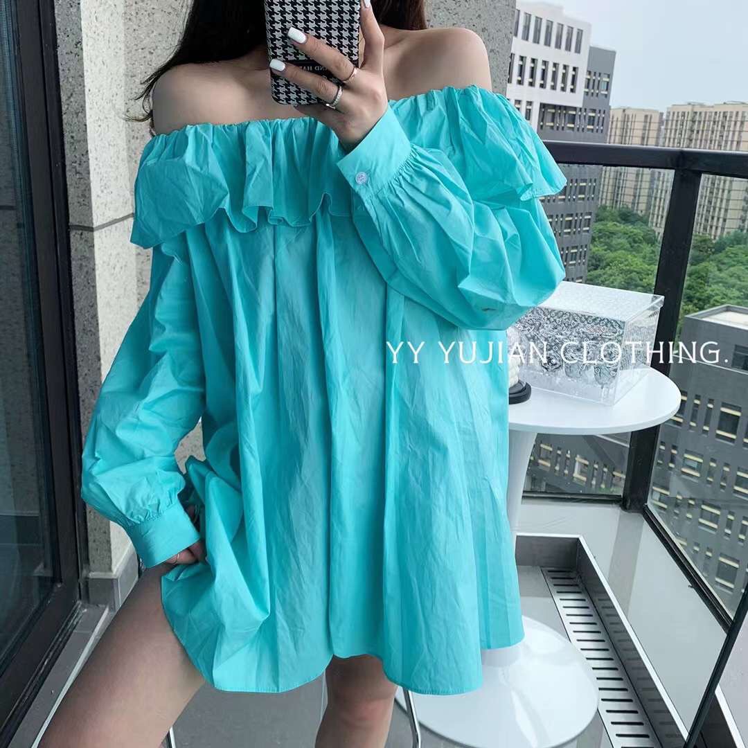 法式洋气减龄白色衬衫女设计感小众荷叶领上衣一字肩长袖开叉衬衣