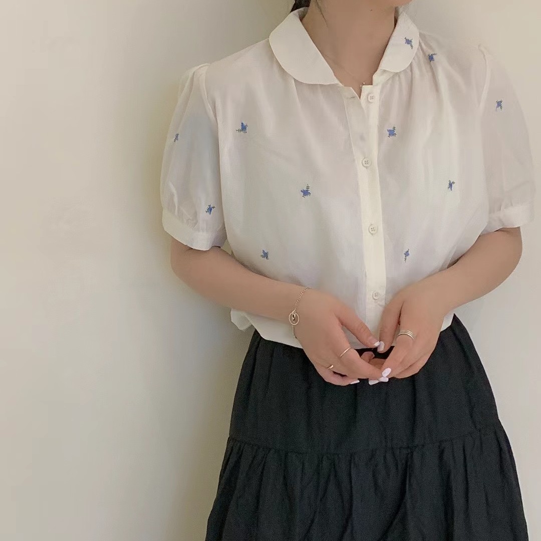 韩系夏季新款设计感小众上衣法式娃娃领碎花纯棉质衬衫女