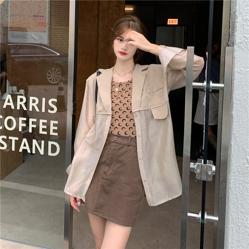 早秋复古法式小众西装领拼接薄款宽松排扣绿色休闲外套上衣女