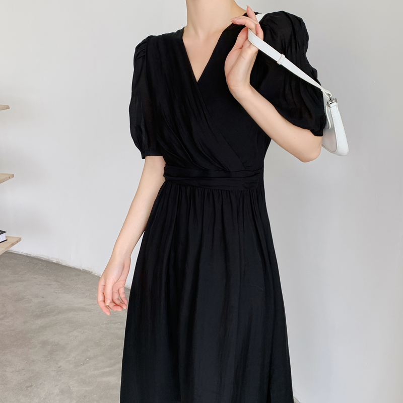 新款女装夏季高腰长款连衣裙女法式卡其色v领泡泡袖短袖长裙