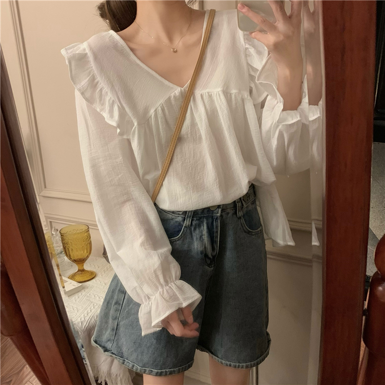 气质荷叶边白色长袖衬衫女设计感小众夏季新款韩版宽松上衣