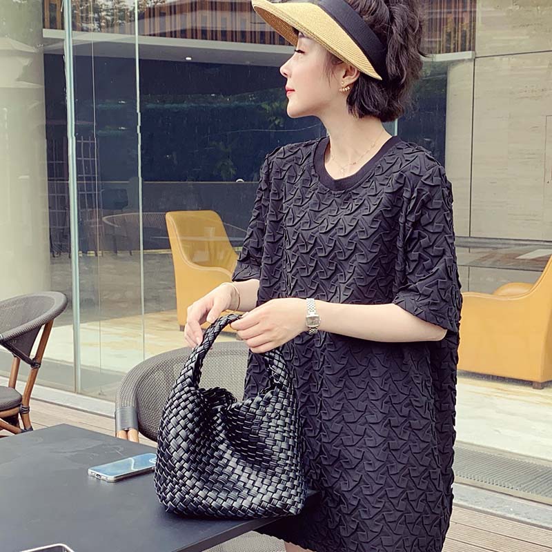 小众设计感立体格纹短袖白色连衣裙女夏季中长款直筒裙