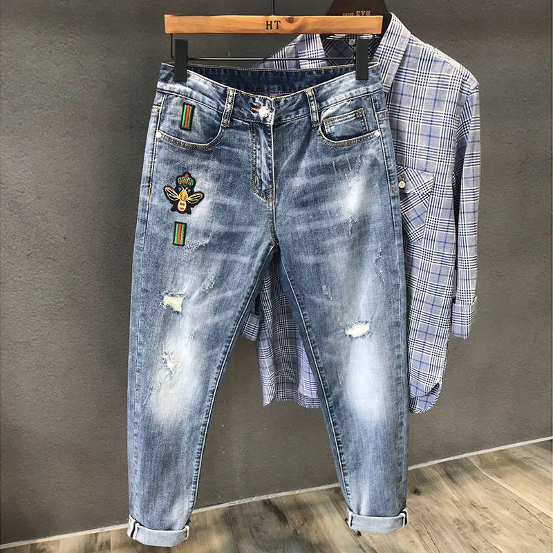 网红破洞牛仔裤男春秋款韩版潮牌社会精神小伙修身小脚蜜蜂刺绣裤