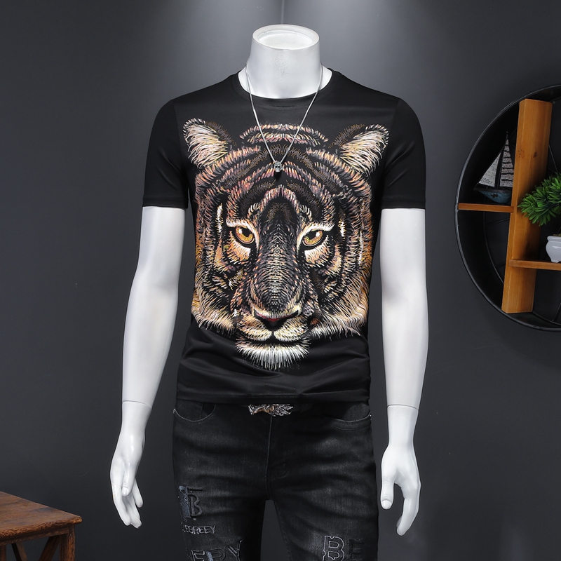 欧洲站高端烫钻老虎头印花短袖T恤男修身大码丝光棉个性打底衫体x