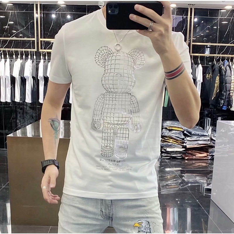 新丝光欧货T恤欧洲站夏潮牌T暴力小熊烫钻半袖修身圆领短袖t恤男