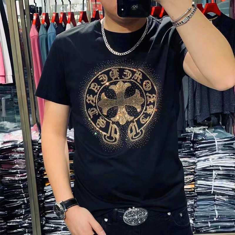 克罗心短袖男休闲圆领半袖时尚烫钻满天星印花 T恤