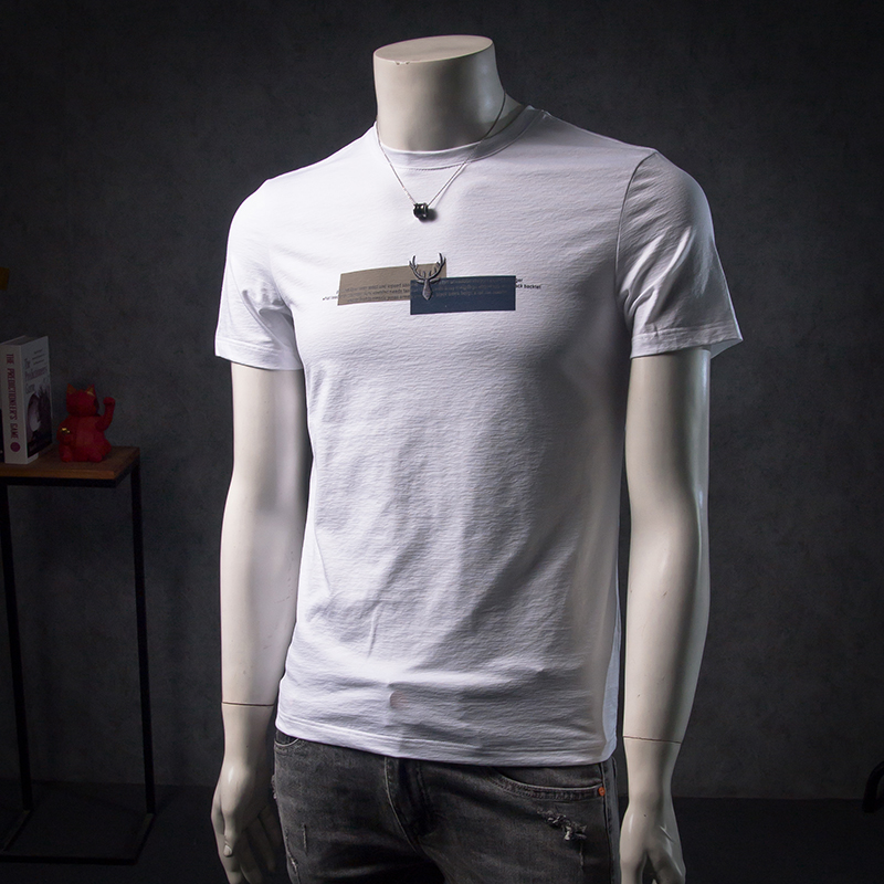夏季新款潮牌短袖T恤男图案刺绣圆领体恤潮流修身帅气半袖男t