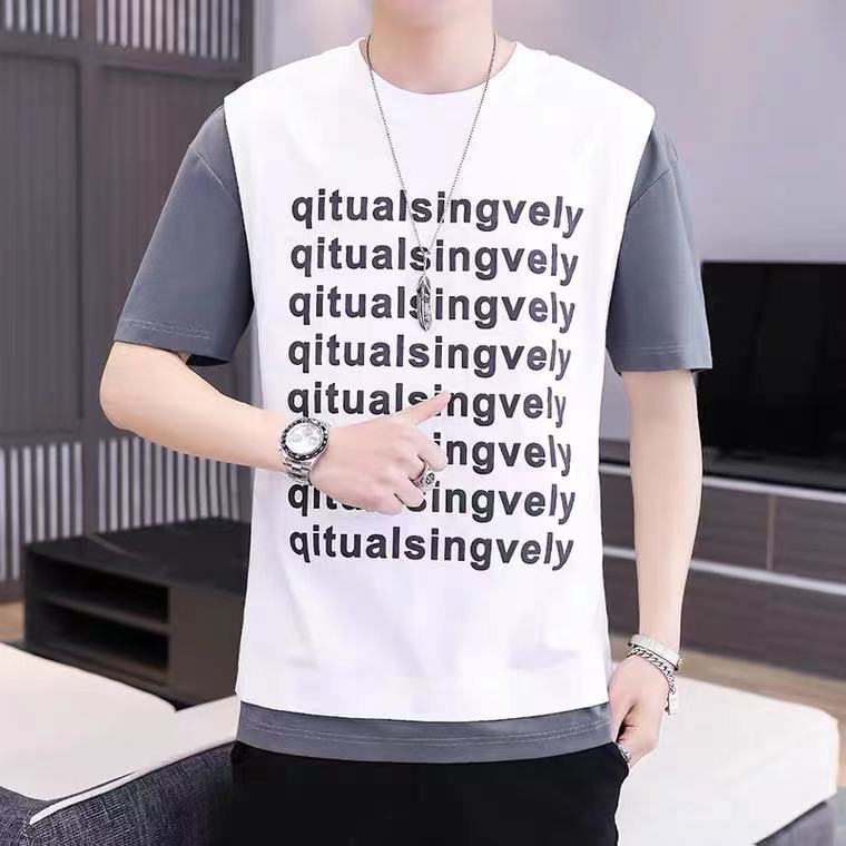 假两件短袖t恤男夏季薄款圆领字母印花上衣服半袖潮流拼色体恤衫