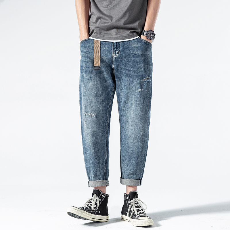 夏季薄款牛仔裤男宽松小直筒韩版潮流男士休闲工装潮牌九分裤