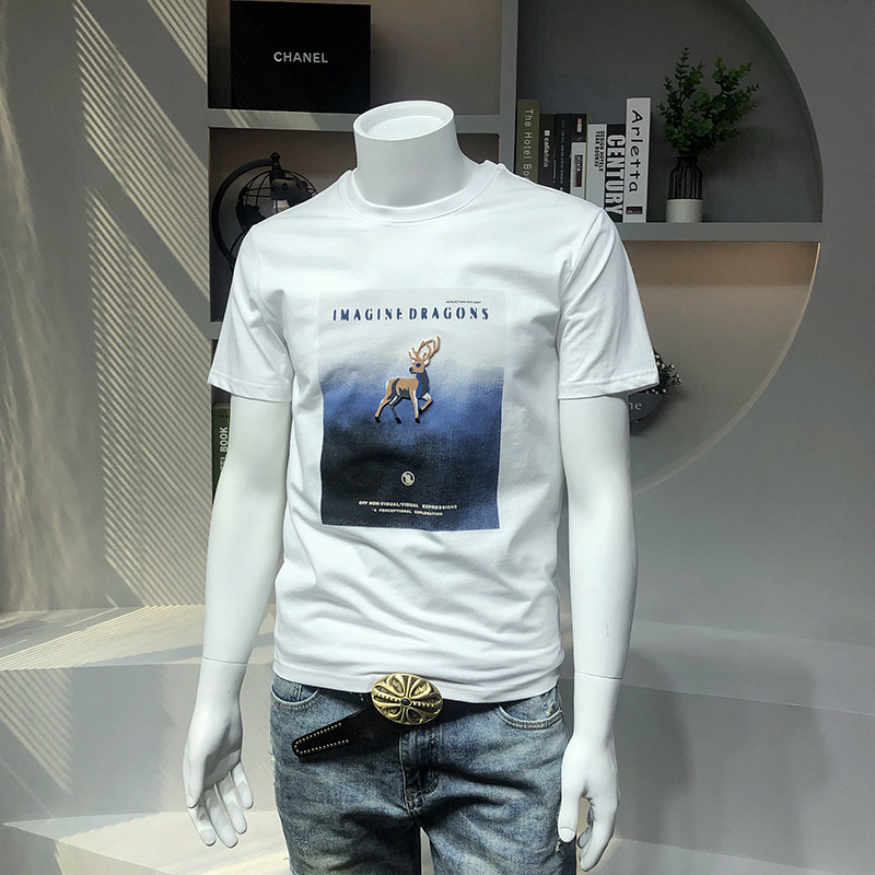 男士短袖t恤牙膏绣工艺圆领修身内搭半袖高领常规加厚