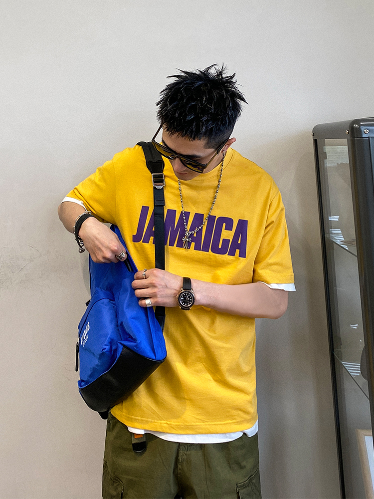 夏季圆领休闲潮流字母印花潮牌黄色短袖半袖t恤