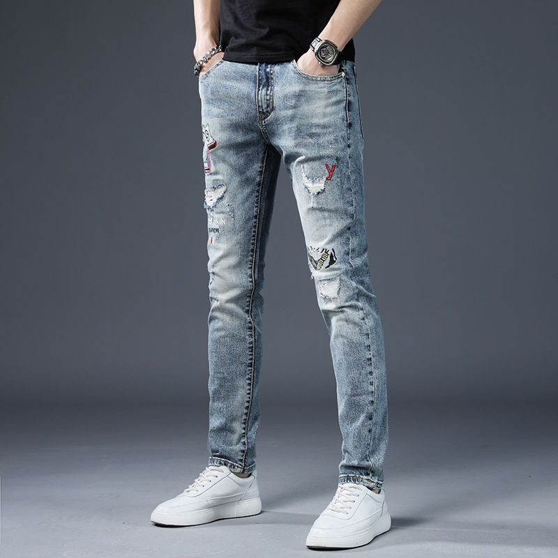 潮牌破洞牛仔裤男士韩版修身小脚裤子