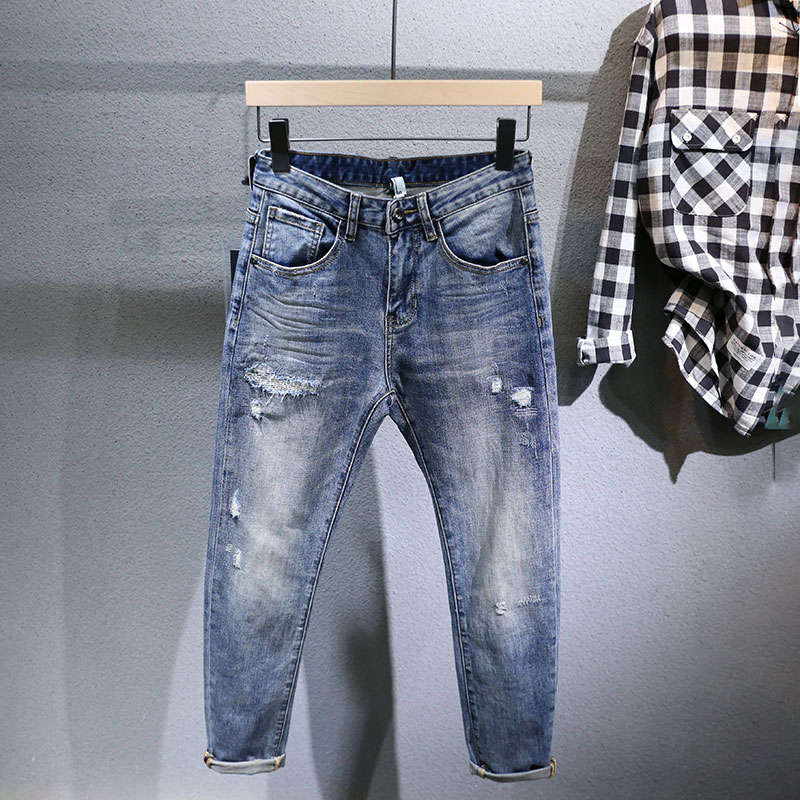 复古怀旧浅色蓝色牛仔裤男秋季棉质破洞男士牛仔裤青年男生烟管裤