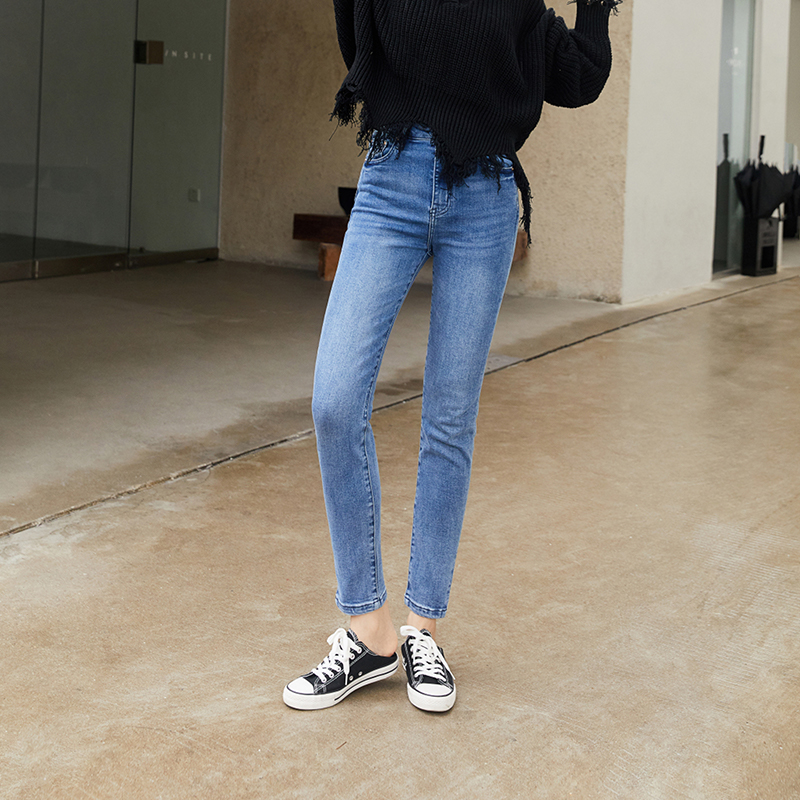 新欧美牛仔裤女高腰九分弹力小脚裤显瘦开衩深蓝色紧身裤