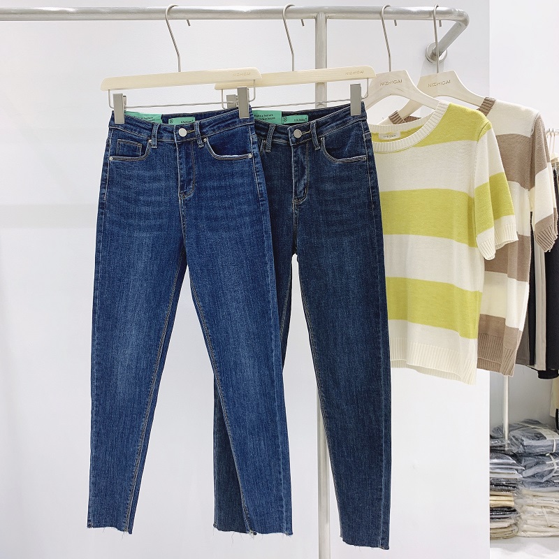 韩国东大门秋季高腰小直筒牛仔裤女小个子修身显瘦毛边小脚九分裤