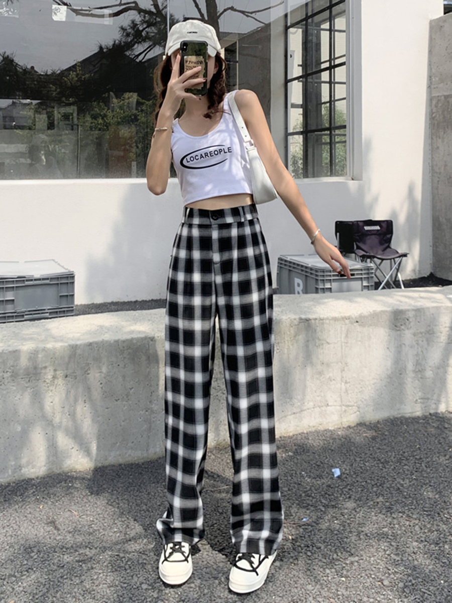 格子裤女夏直筒宽松阔腿裤黑白拖地高腰垂感薄款显瘦休闲西装裤子