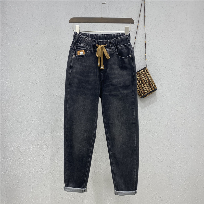 欧货秋季新款深蓝老爹宽松显瘦牛仔裤女弹力松紧腰抽绳萝卜哈伦裤