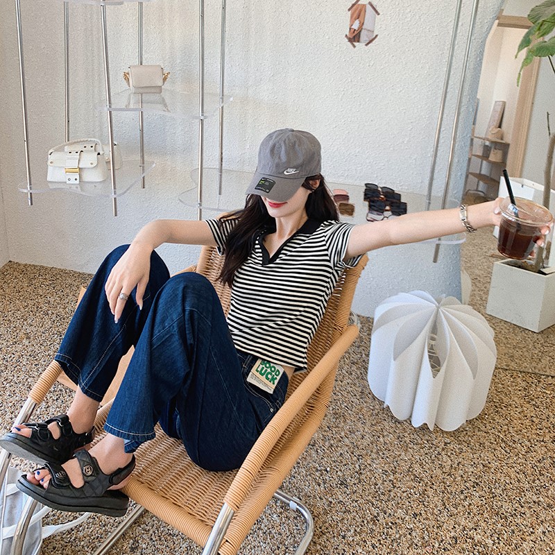 直筒牛仔裤高腰弹力九分