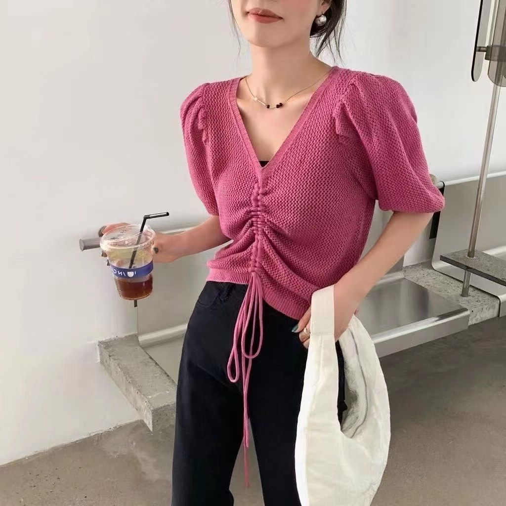 复古抽绳系带泡泡袖针织短袖女夏季纯色薄款修身显瘦短款上衣V领