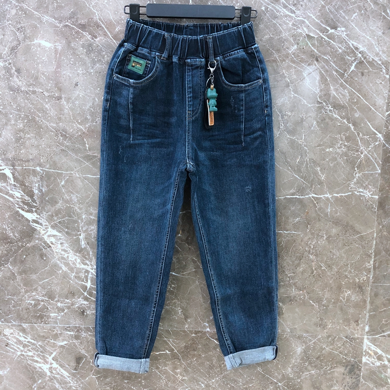 牛仔裤女蓝色松紧腰微垮裤时尚百搭哈伦