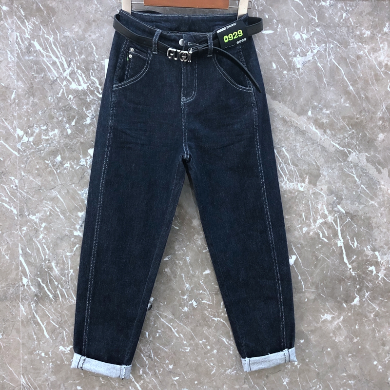 牛仔裤女深蓝色哈伦垮裤显瘦萝卜裤