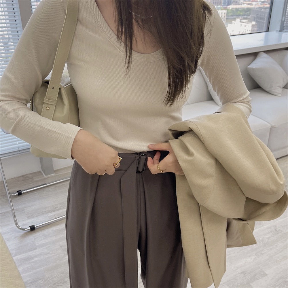 U领设计感小众纯色长袖T恤女装秋装新款打底衫净色内搭上衣