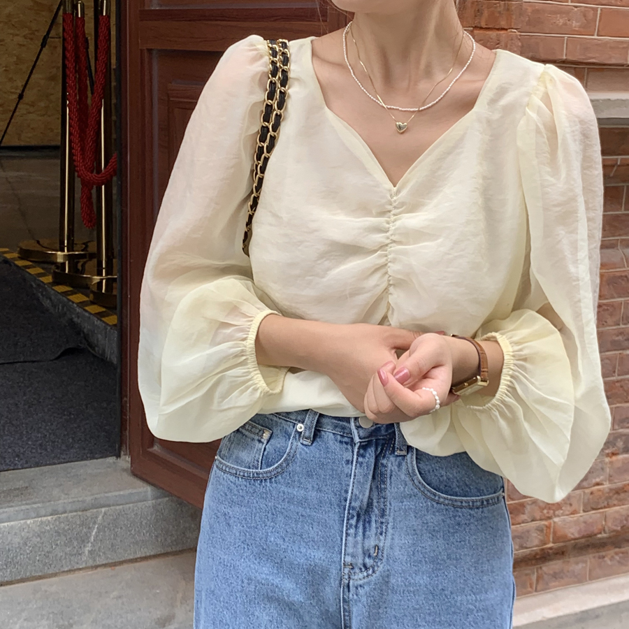 韩单超仙天丝雪纺泡泡袖设计感抓褶衬衣