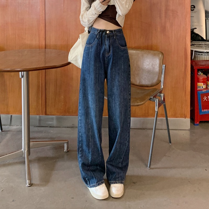 设计感抽绳直筒牛仔裤女韩版高腰宽松阔腿长裤