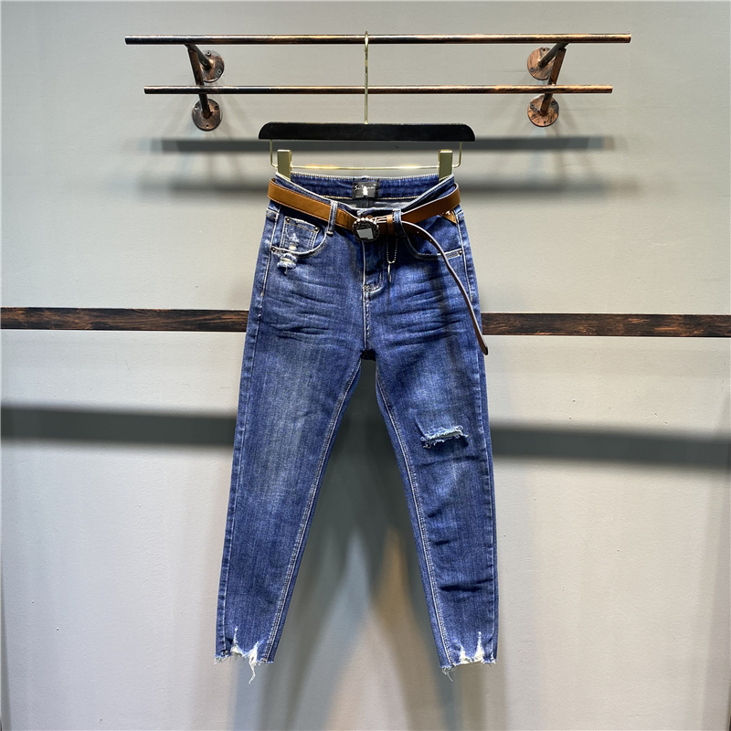 破洞牛仔裤女秋装新款女装高腰显瘦紧身蓝色九分小脚女裤子