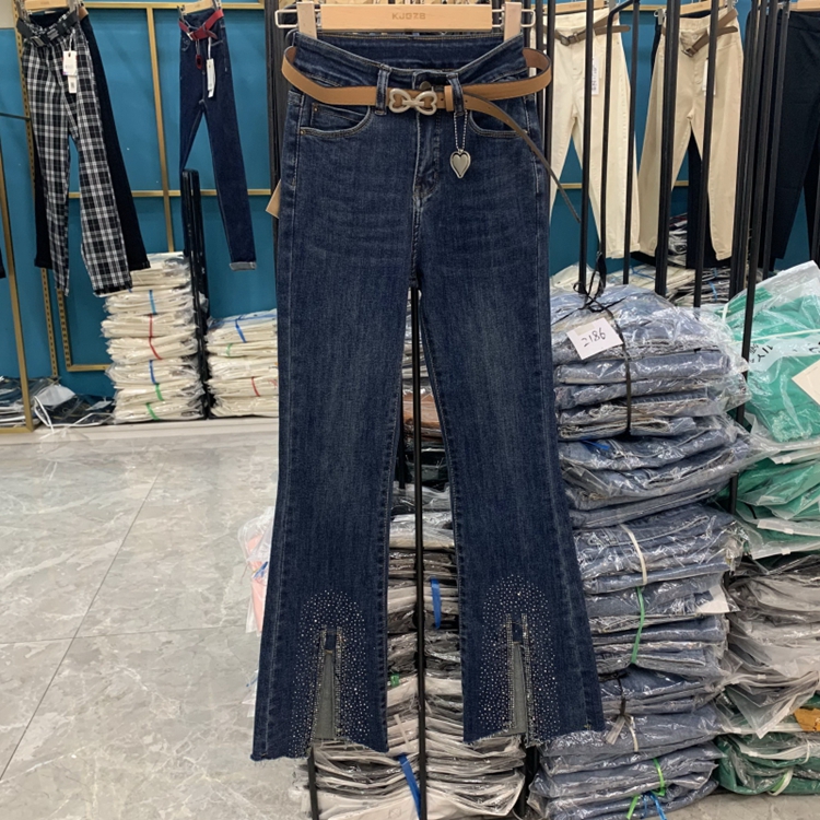 秋季新款百搭时尚微喇裤开叉烫钻牛仔鱼尾裤