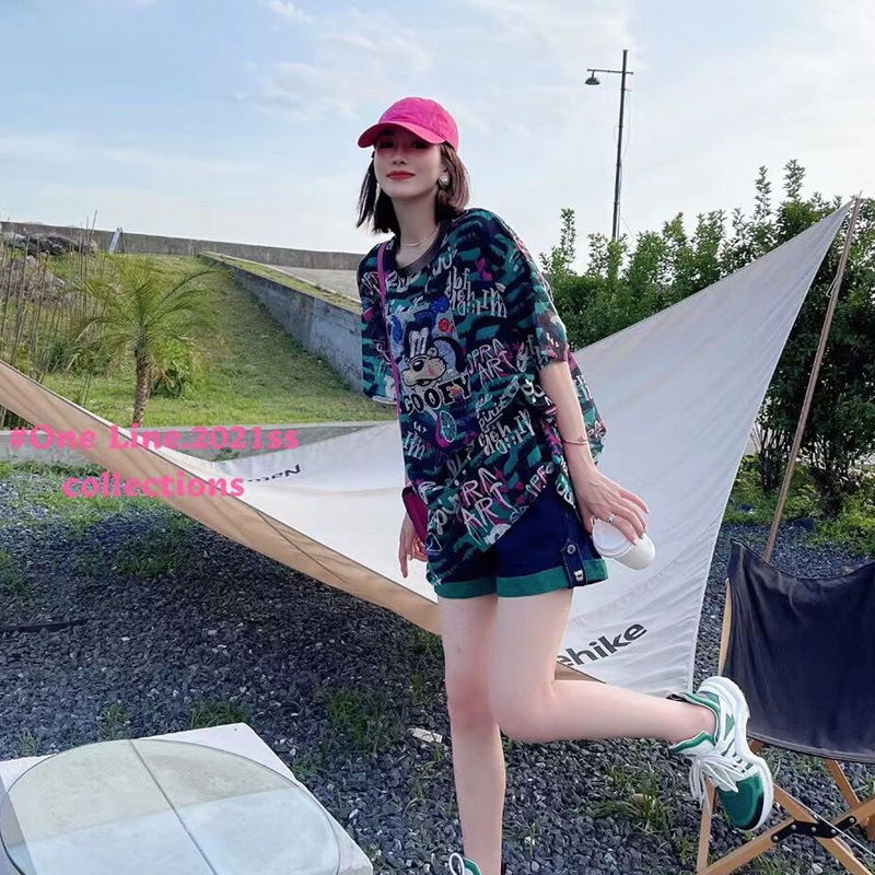 新款夏卡通字母中长款T恤女时尚洋气米奇印花上衣ins潮