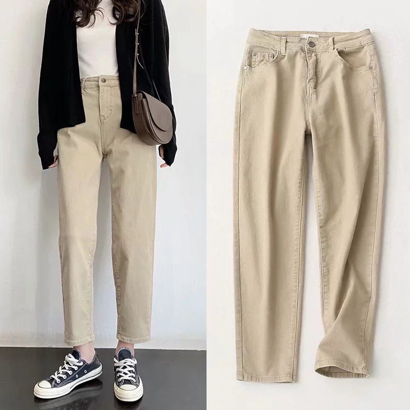 工装风春新韩版时尚休闲高腰弹力显瘦休闲直筒牛仔裤女萝卜裤