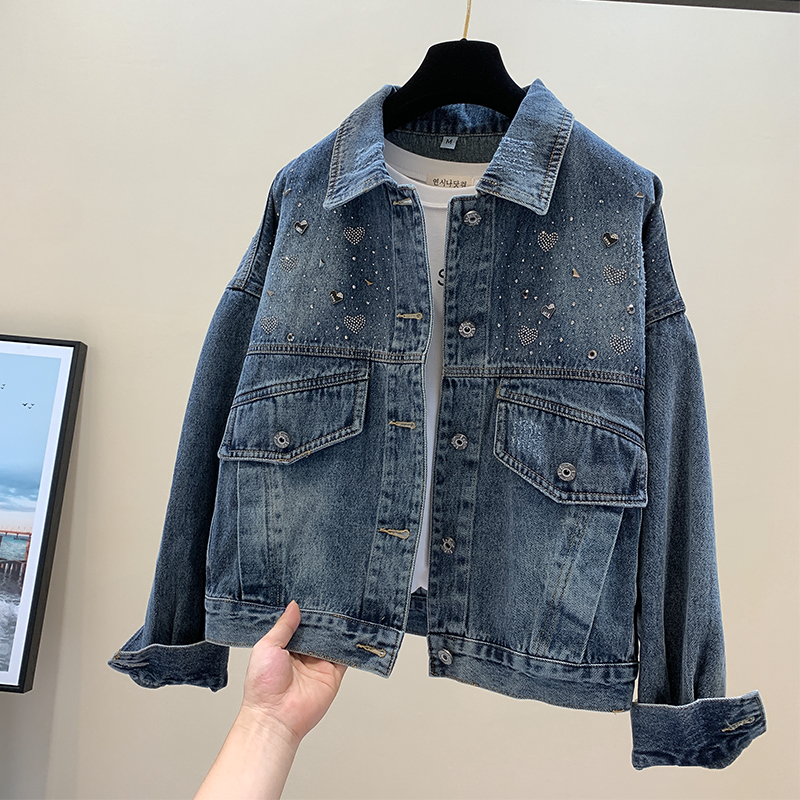 春秋新款复古宽松百搭重工烫钻小个子夹克上衣