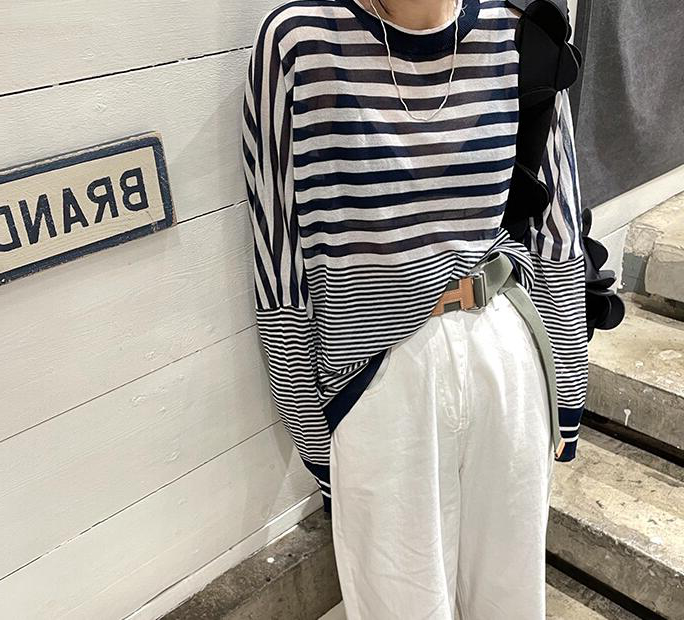 韩国夏季圆领宽松条纹防晒上衣潮流慵懒风拼色针织显瘦长袖空调衫