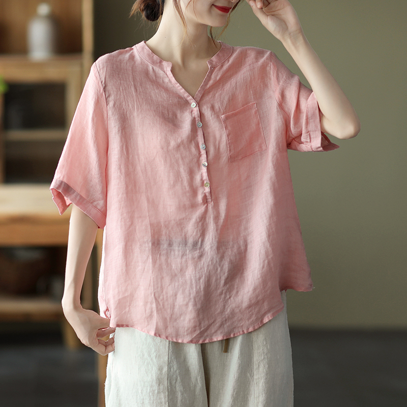 夏季文艺苎麻衬衫女士宽松V领薄款套头上衣纯色衬衣
