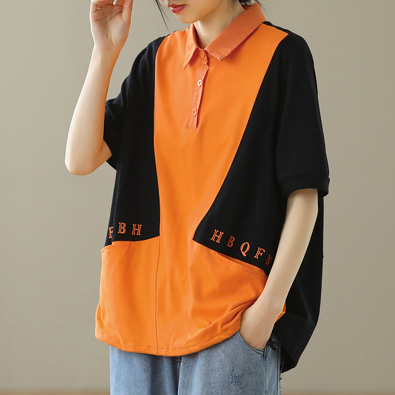 文艺宽松大码拼色翻领字母休闲短袖上衣体恤通勤