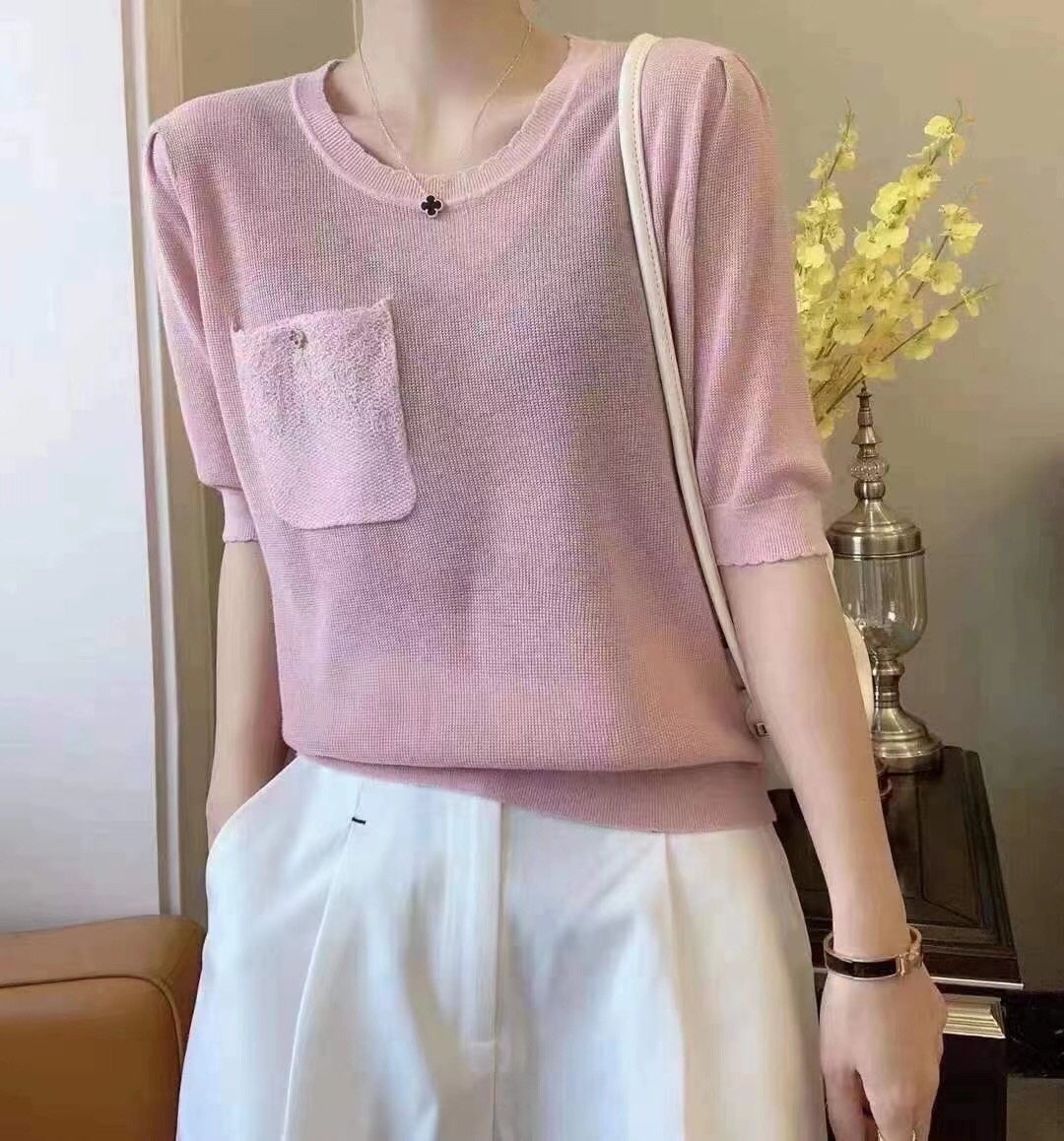 早秋新款时尚百搭简约气质圆领薄针织中袖单口袋上衣