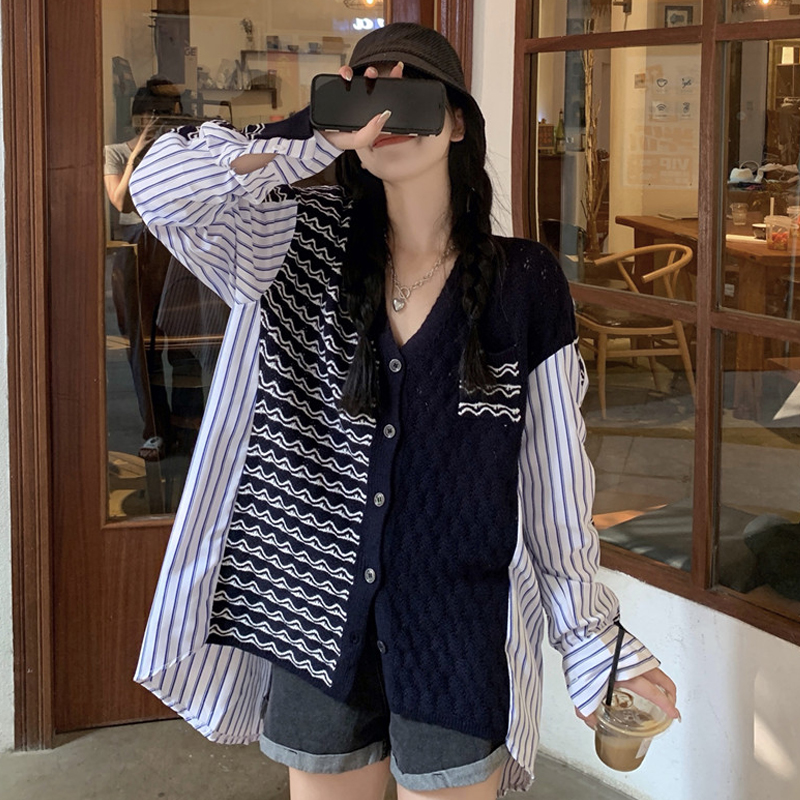 独特设计感羊毛针织衫女秋大码拼接条纹衬衫小众上衣撞色气质衬衣