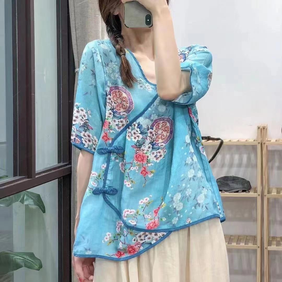 夏季款宽松文艺印花苎麻斜襟短袖复古琵琶扣套头衬衫女