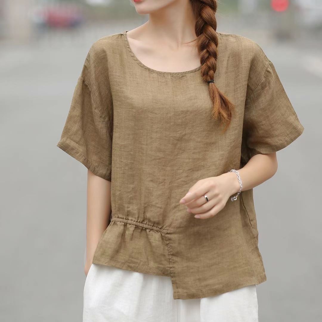 纯亚麻苎麻女装夏季圆领文艺抽绳纯色棉麻短袖女上衣