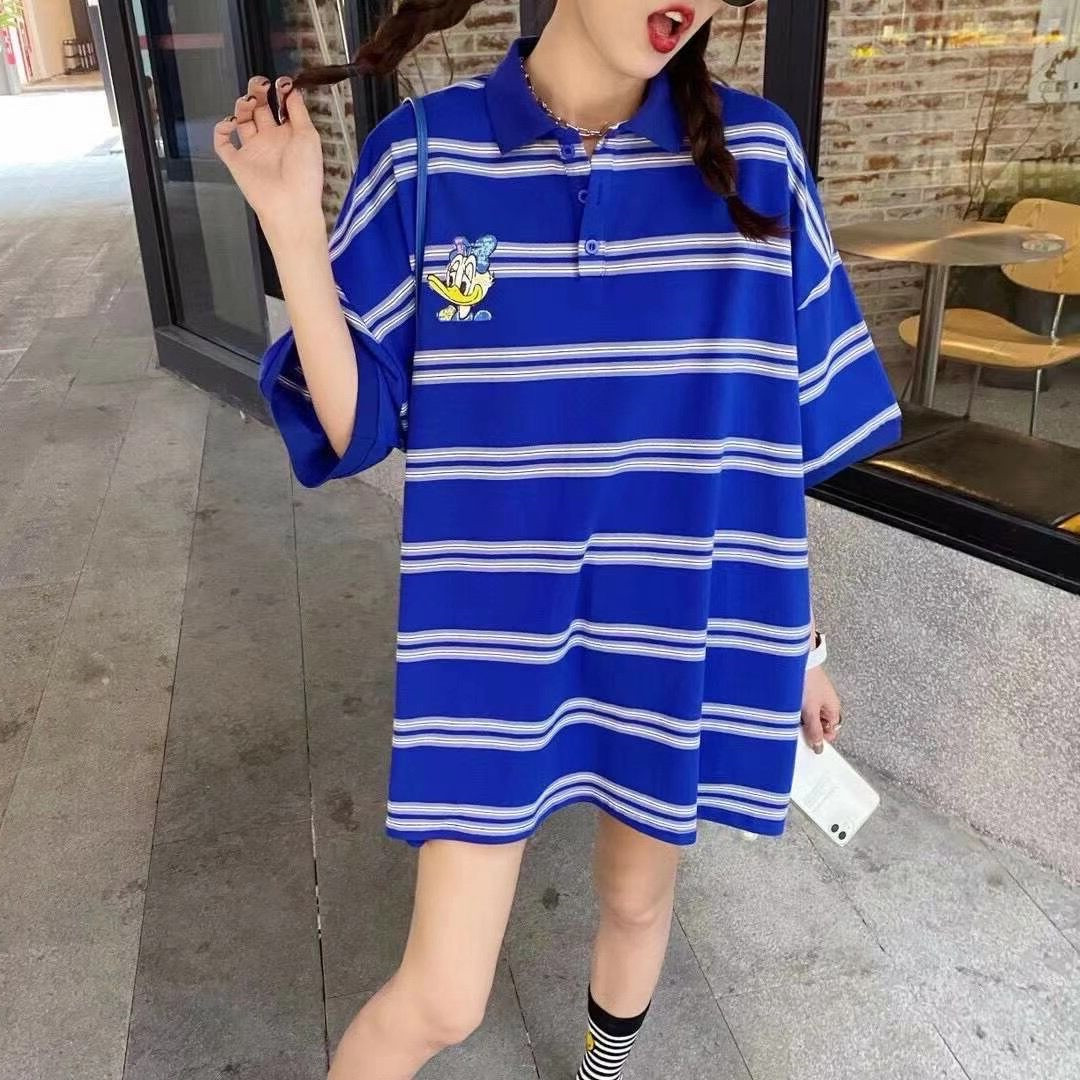 夏中长款卡通条纹慵懒风休闲POLO领短袖上衣T恤裙女