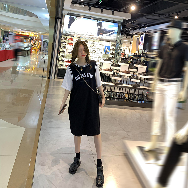 夏季新款圆领纯棉T宽松中长款假两件慵懒风字母T恤裙女连衣裙