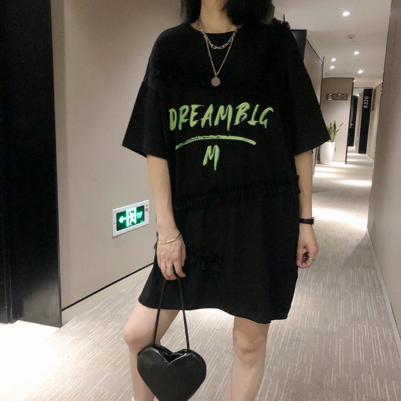 褶皱网纱拼接短袖T恤新款圆领宽松印花上衣体恤潮