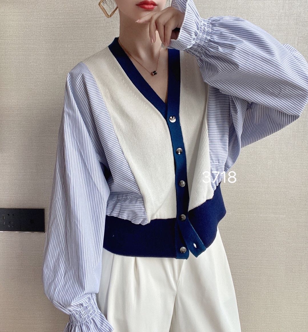 秋季新品假两件时尚洋气显瘦v领羊毛衬衣拼接针织长袖上衣女