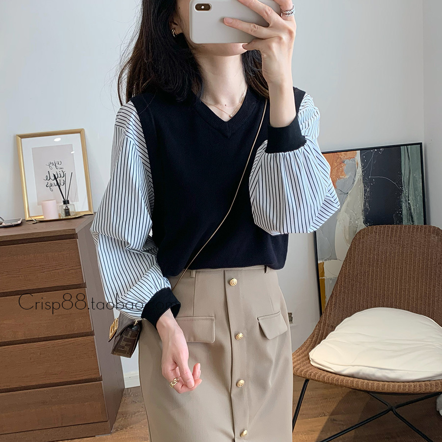 小众设计撞色圆领宽松柔软针织衫毛衣拼接黑白条纹衬衫假两件上衣